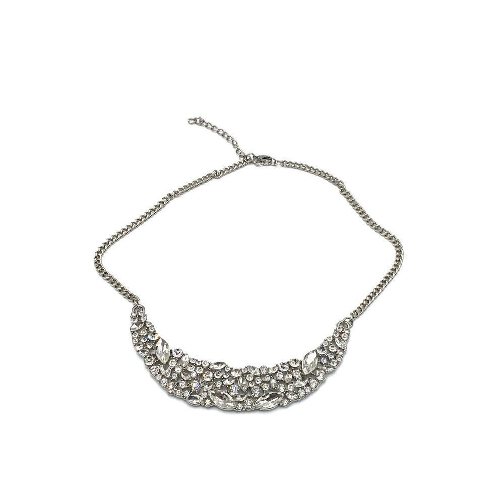 Necklace Bib Style Clear Glass Rhinestones Silver Tone 17”+3”